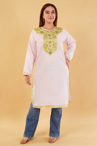 Kashmiri Aari embroidery Cotton Long Kurti Size-44(Baby Pink)