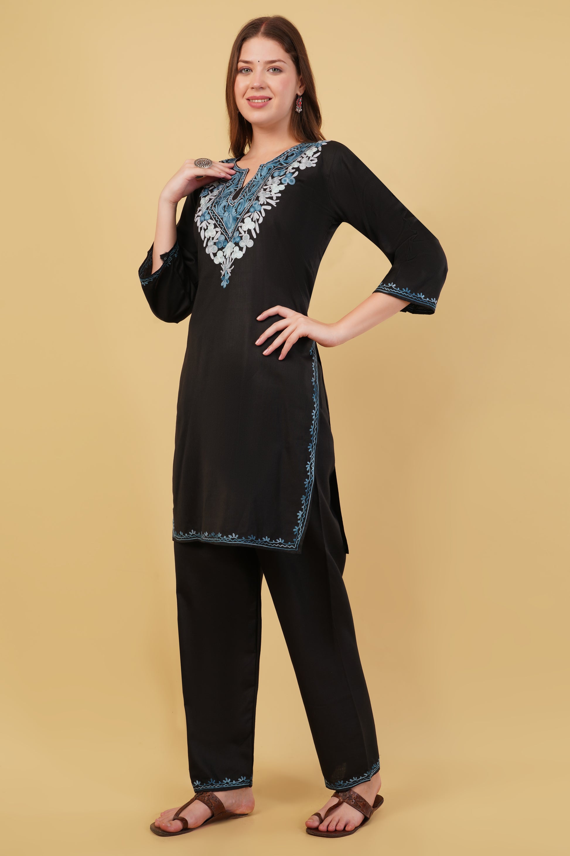Kashmiri Aari embroidery Cotton Co-ord set Size-40 (Black)