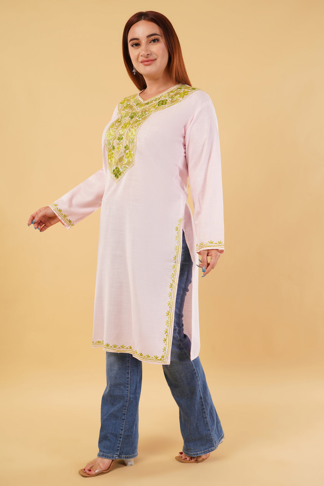 Kashmiri Aari embroidery Cotton Long Kurti Size-44(Baby Pink)