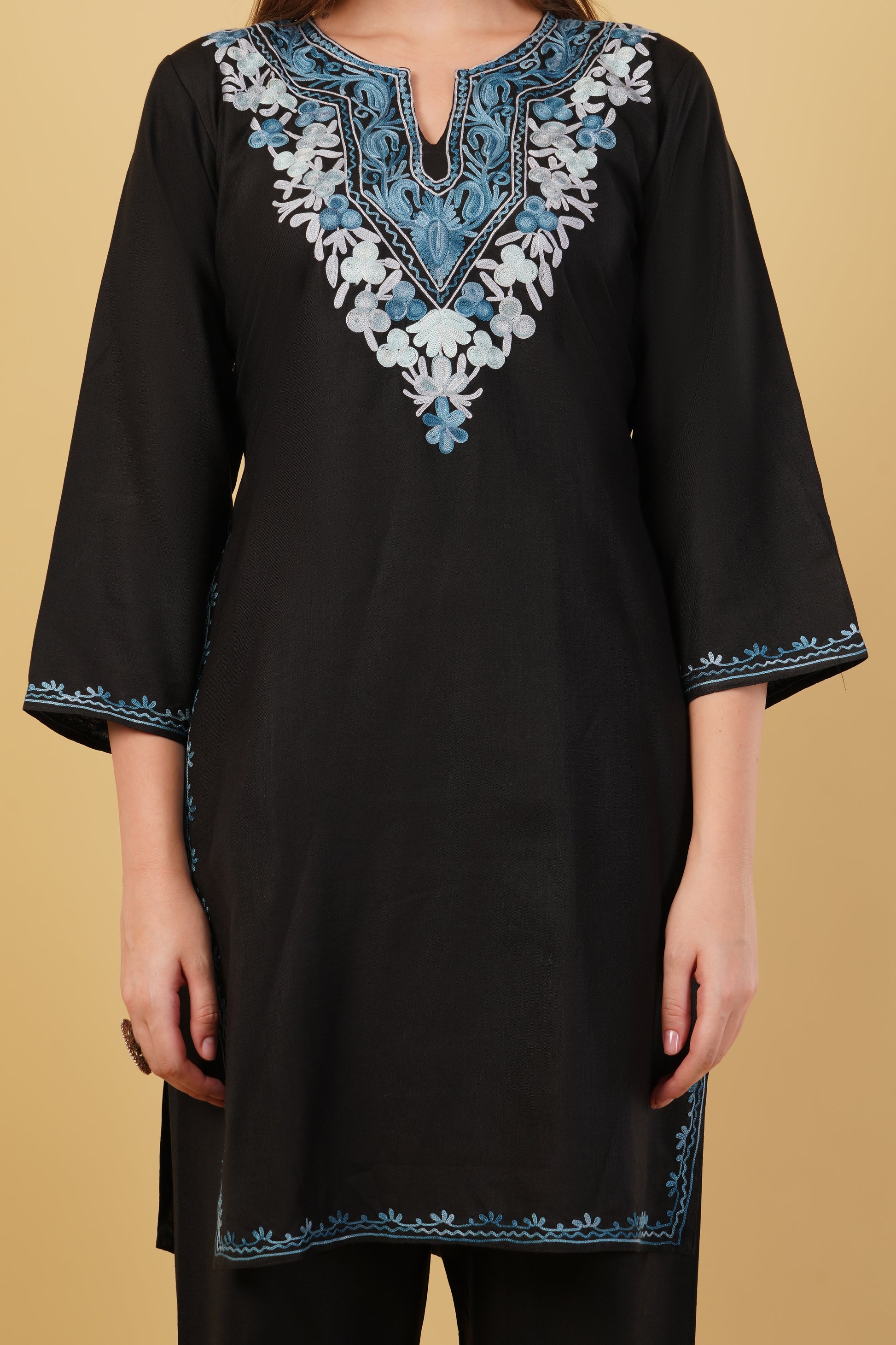 Kashmiri Aari embroidery Cotton Co-ord set Size-40 (Black)