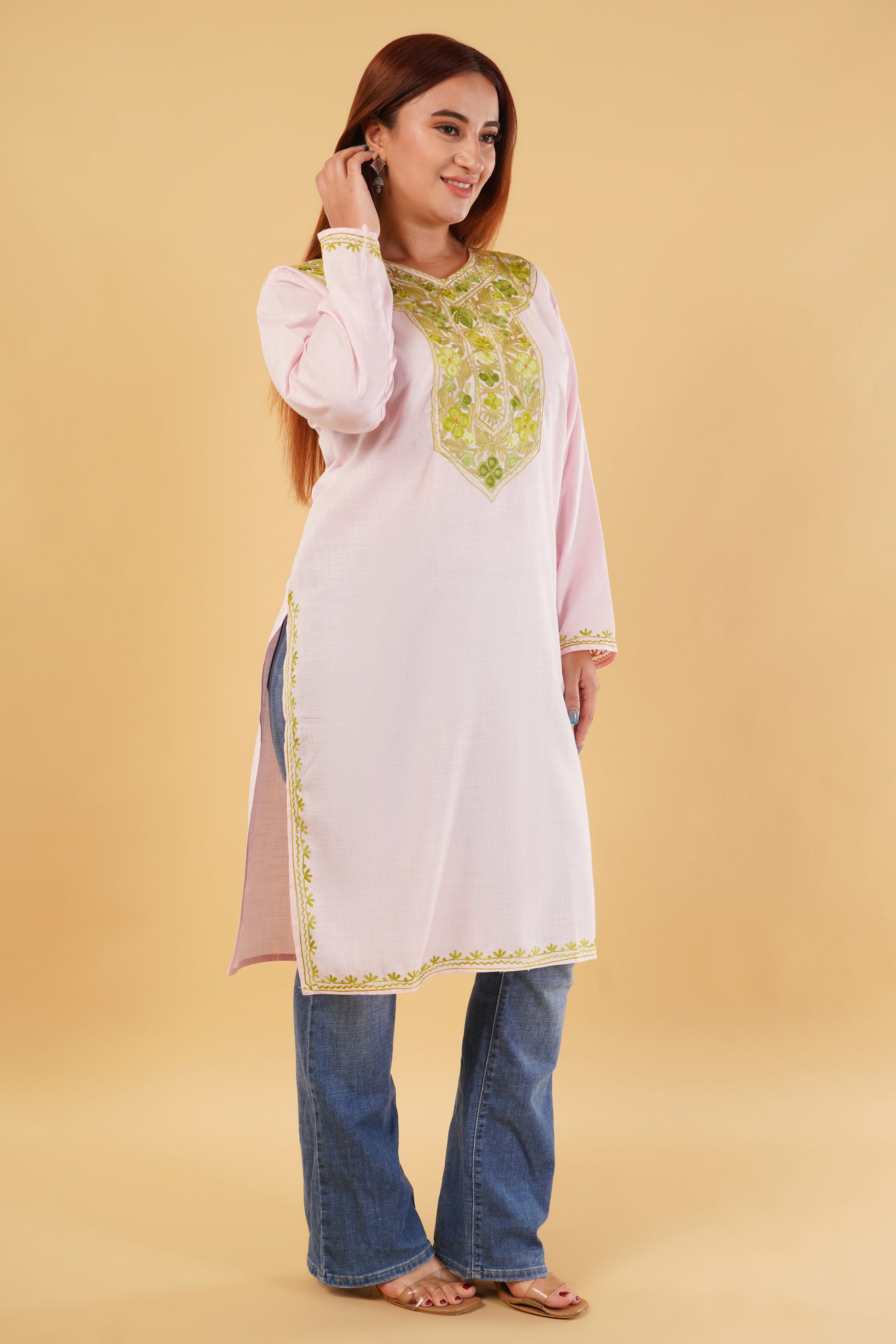 Kashmiri Aari embroidery Cotton Long Kurti Size-44(Baby Pink)