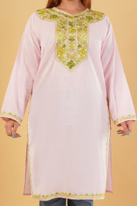 Kashmiri Aari embroidery Cotton Long Kurti Size-44(Baby Pink)