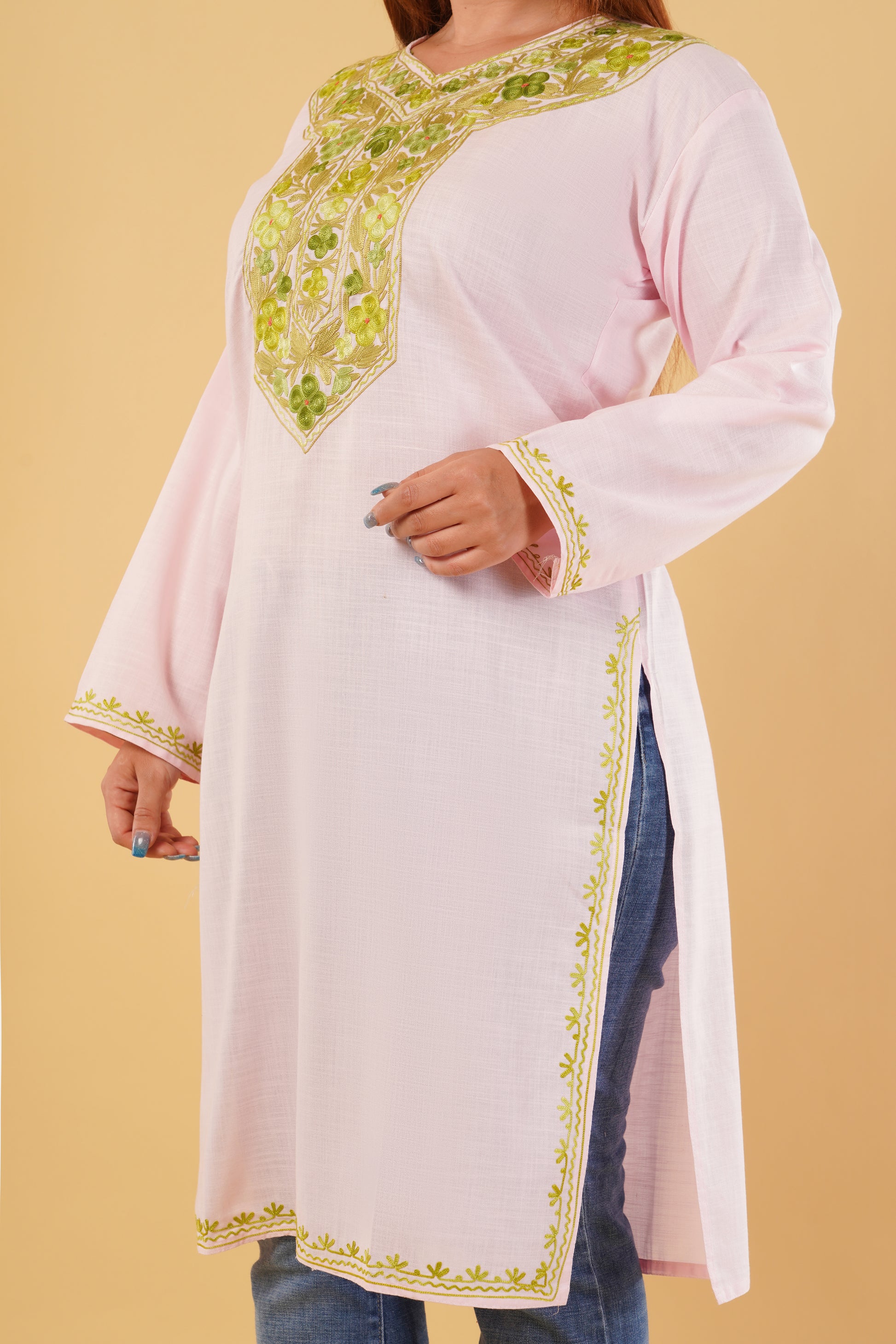 Kashmiri Aari embroidery Cotton Long Kurti Size-44(Baby Pink)