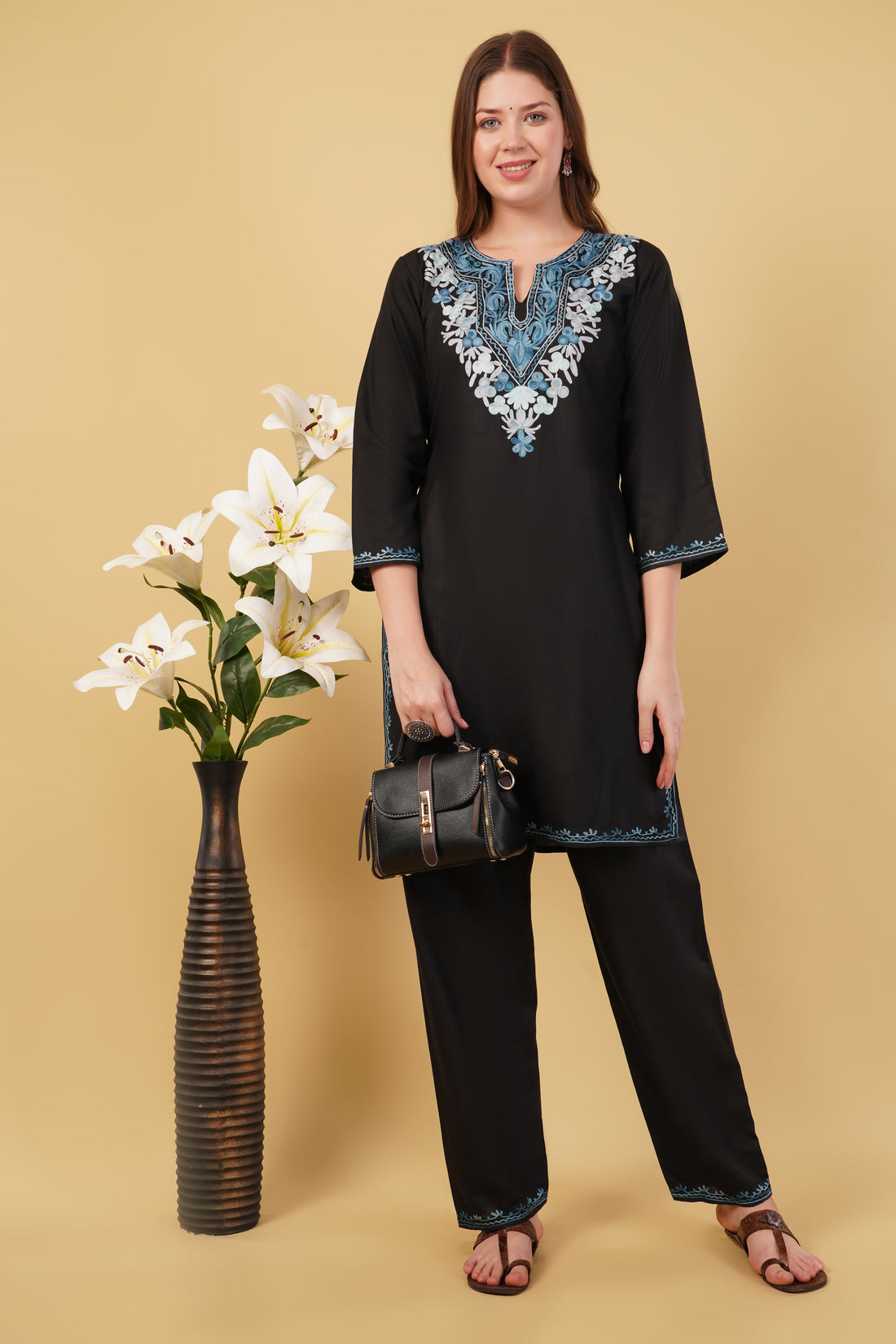 Kashmiri Aari embroidery Cotton Co-ord set Size-40 (Black)