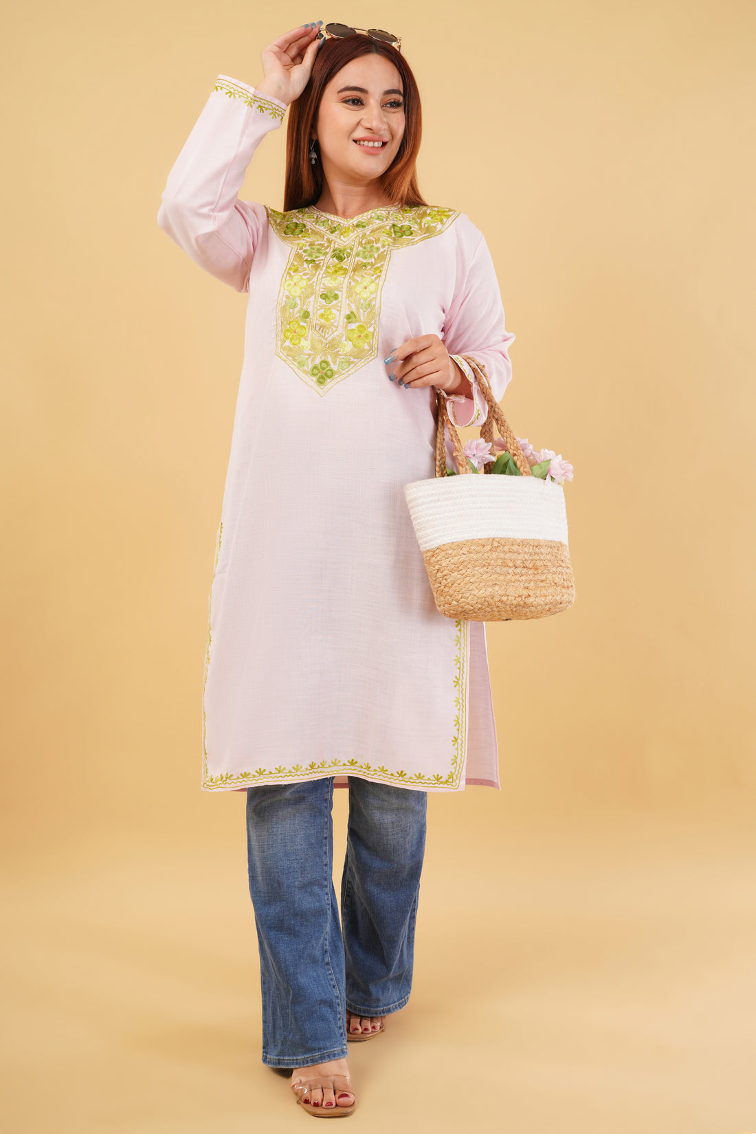 Kashmiri Aari embroidery Cotton Long Kurti Size-44(Baby Pink)