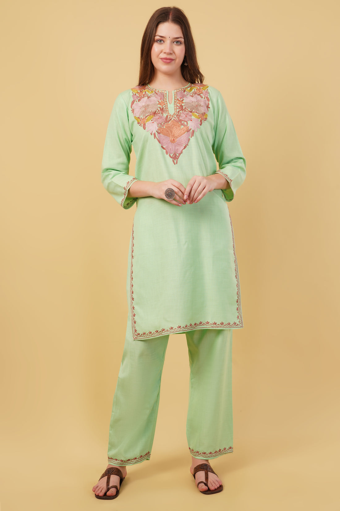 Kashmiri Aari embroidery Cotton Co-ord set Size-40 (Green)