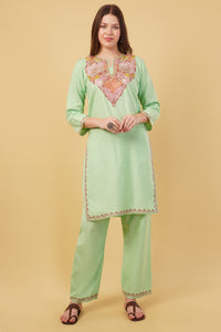 Kashmiri Aari embroidery Cotton Co-ord set Size-40 (Green)