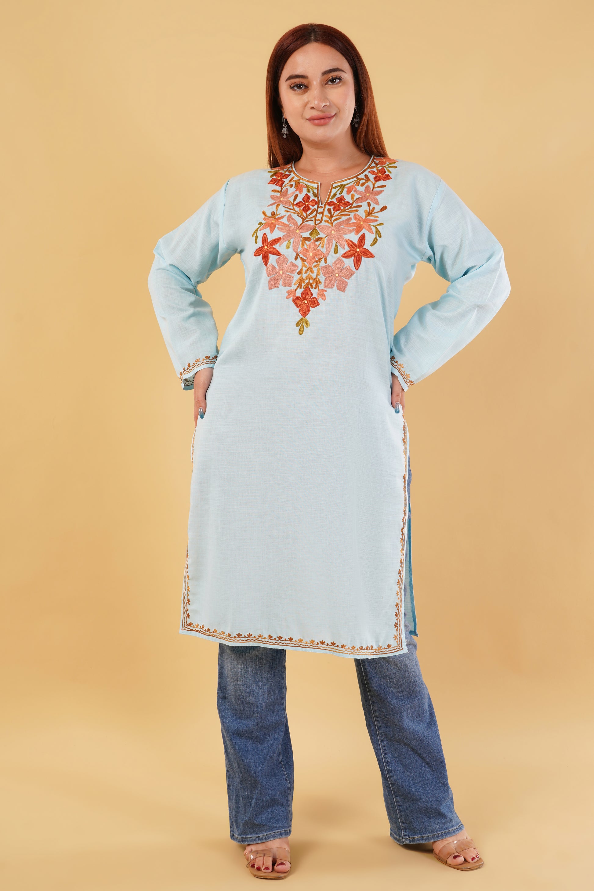 Kashmiri Aari embroidery Cotton Long Kurti Size-44(Sky Blue)