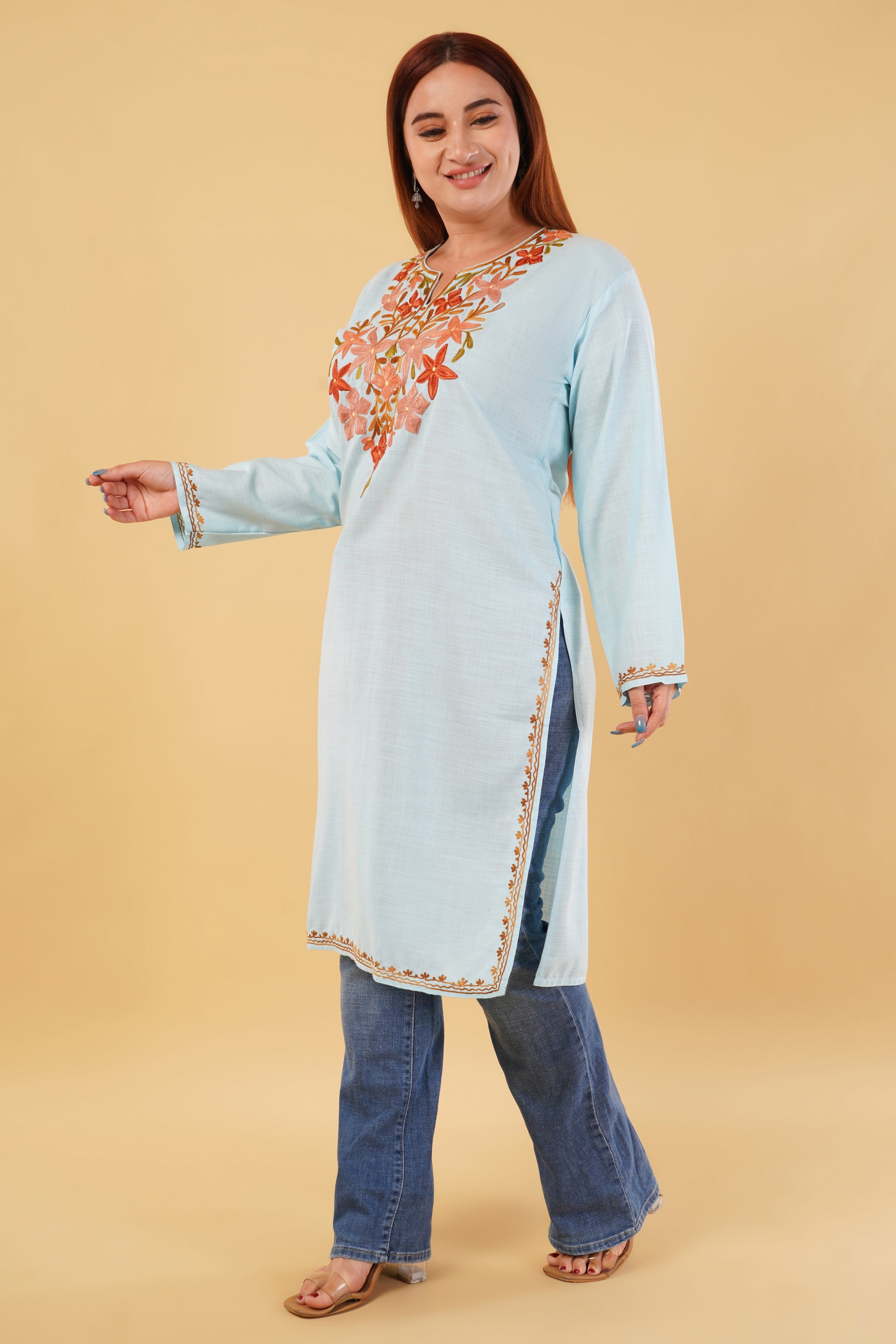 Kashmiri Aari embroidery Cotton Long Kurti Size-44(Sky Blue)