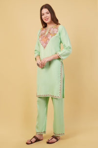 Kashmiri Aari embroidery Cotton Co-ord set Size-40 (Green)