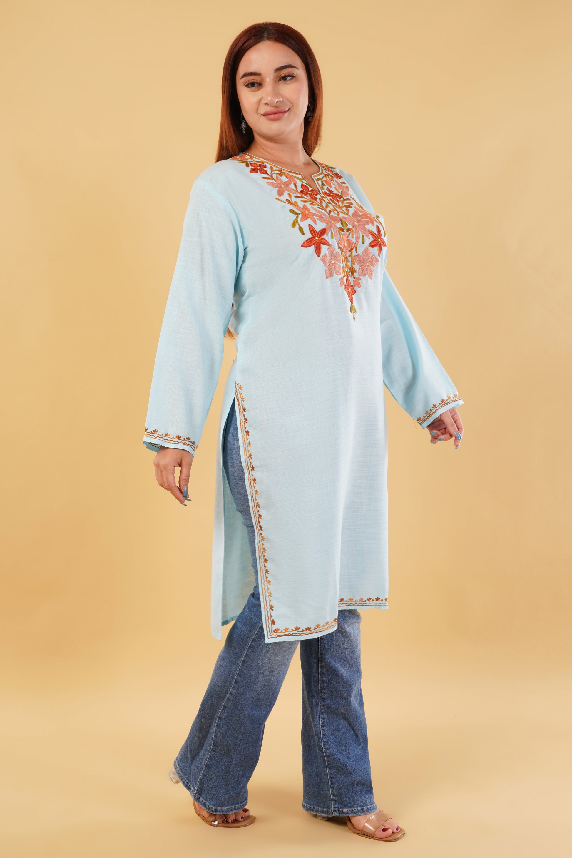 Kashmiri Aari embroidery Cotton Long Kurti Size-44(Sky Blue)