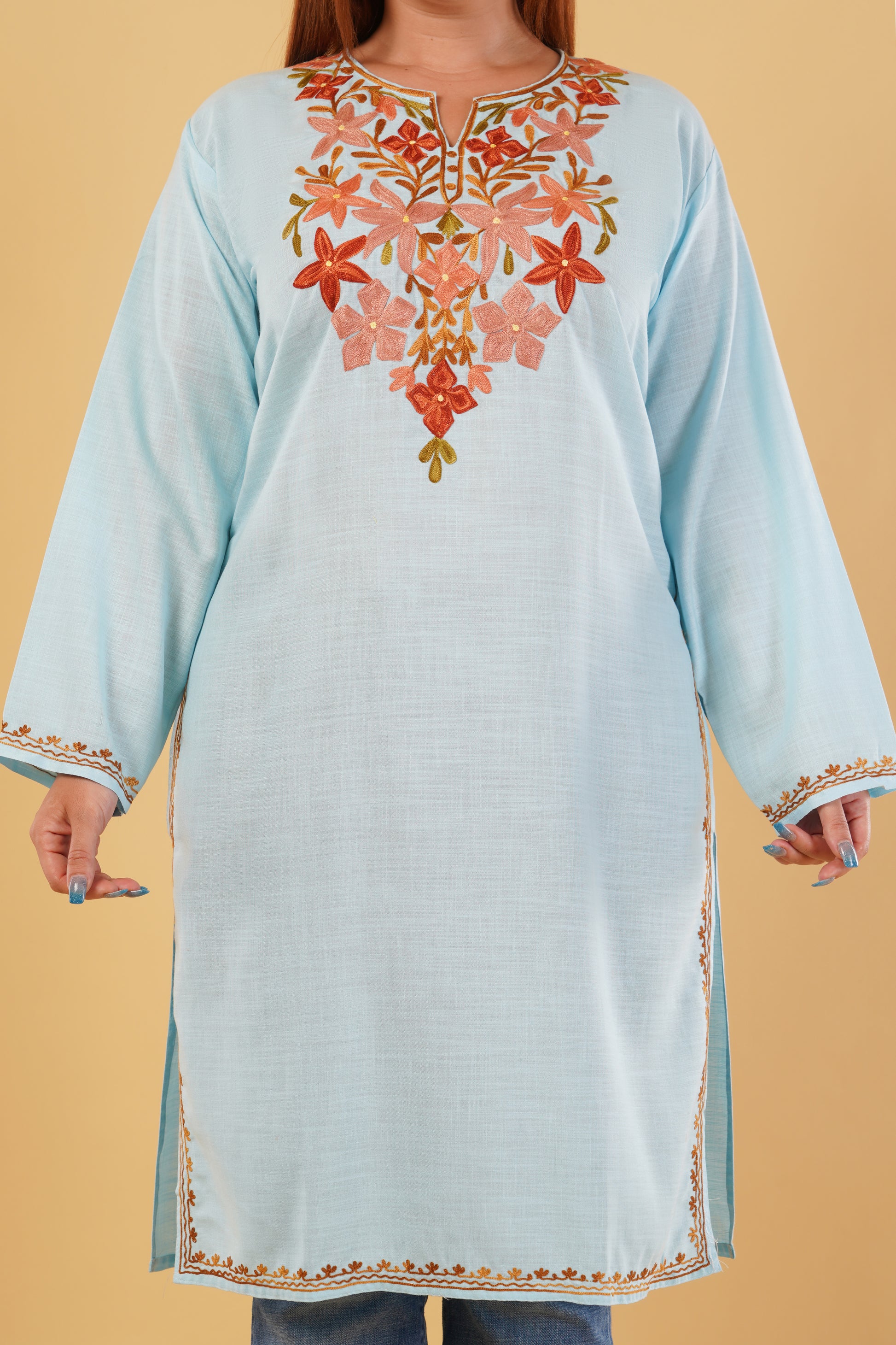Kashmiri Aari embroidery Cotton Long Kurti Size-44(Sky Blue)