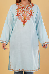 Kashmiri Aari embroidery Cotton Long Kurti Size-44(Sky Blue)