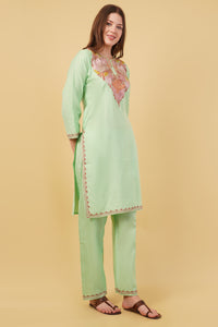 Kashmiri Aari embroidery Cotton Co-ord set Size-40 (Green)