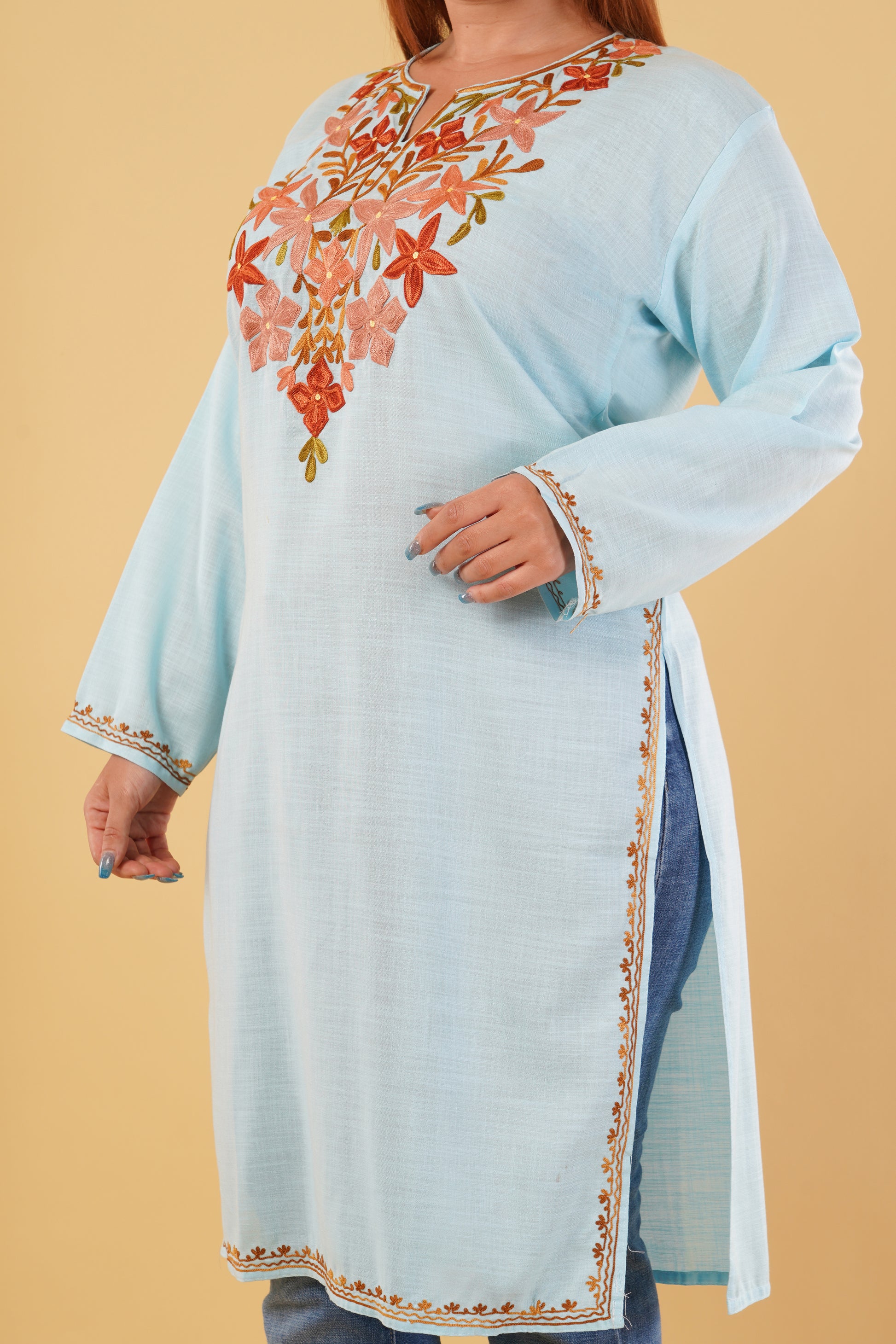 Kashmiri Aari embroidery Cotton Long Kurti Size-44(Sky Blue)