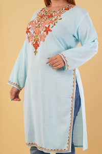 Kashmiri Aari embroidery Cotton Long Kurti Size-44(Sky Blue)
