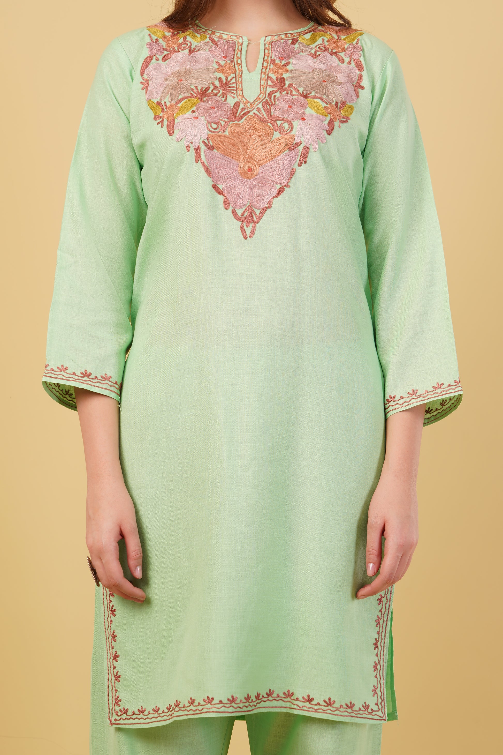 Kashmiri Aari embroidery Cotton Co-ord set Size-40 (Green)