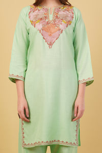 Kashmiri Aari embroidery Cotton Co-ord set Size-40 (Green)