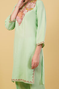Kashmiri Aari embroidery Cotton Co-ord set Size-40 (Green)