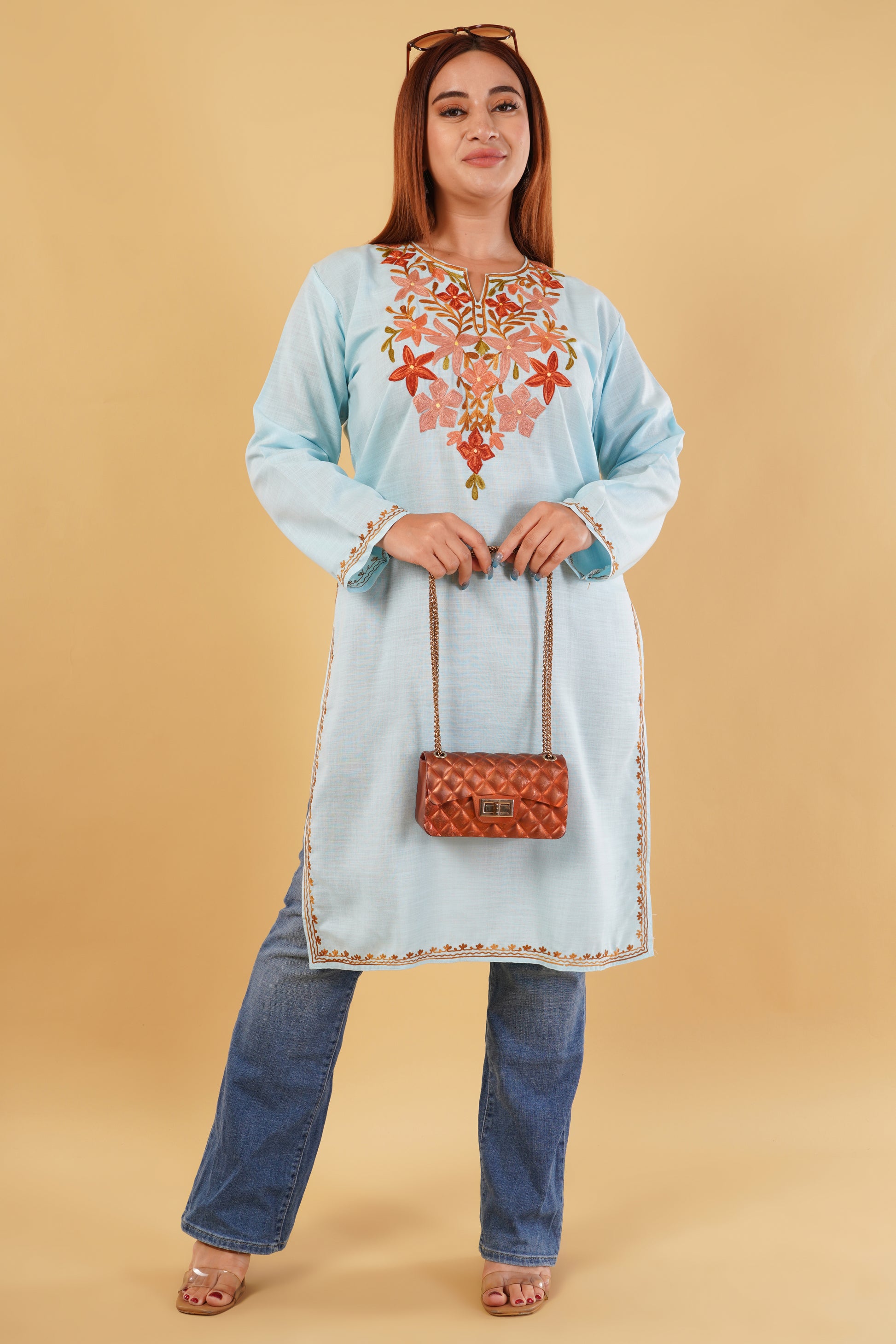 Kashmiri Aari embroidery Cotton Long Kurti Size-44(Sky Blue)