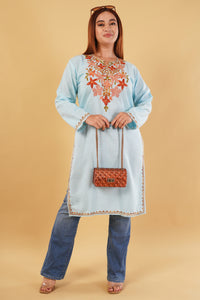 Kashmiri Aari embroidery Cotton Long Kurti Size-44(Sky Blue)