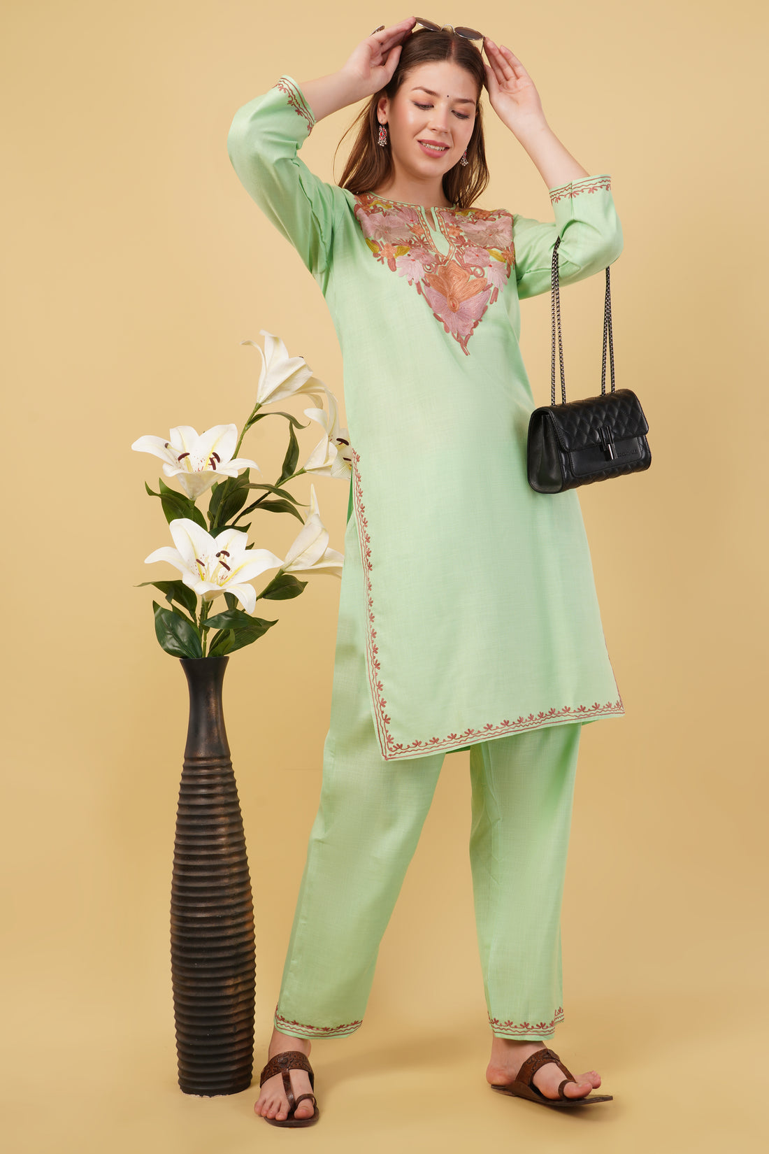 Kashmiri Aari embroidery Cotton Co-ord set Size-40 (Green)