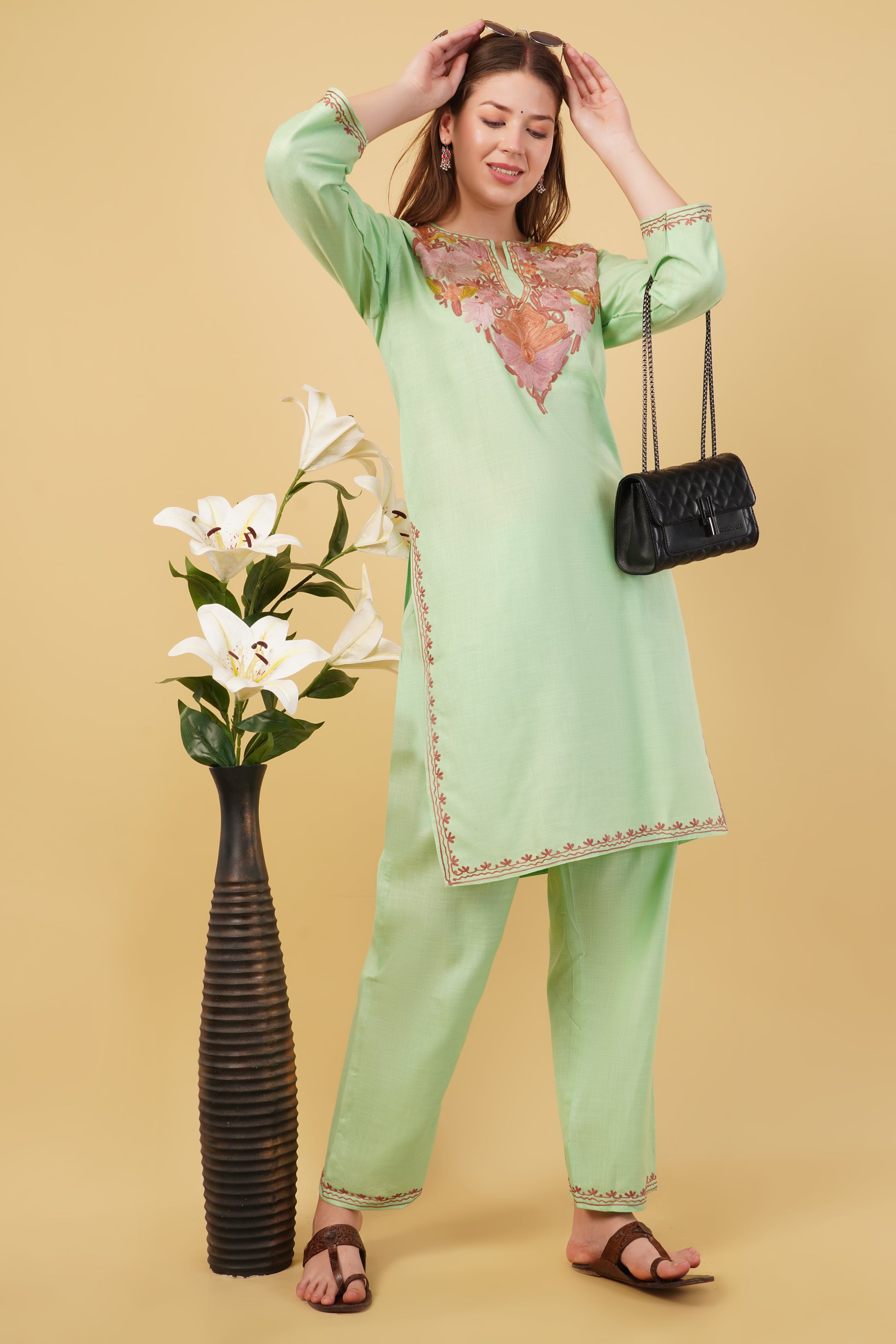 Kashmiri Aari embroidery Cotton Co-ord set Size-40 (Green)