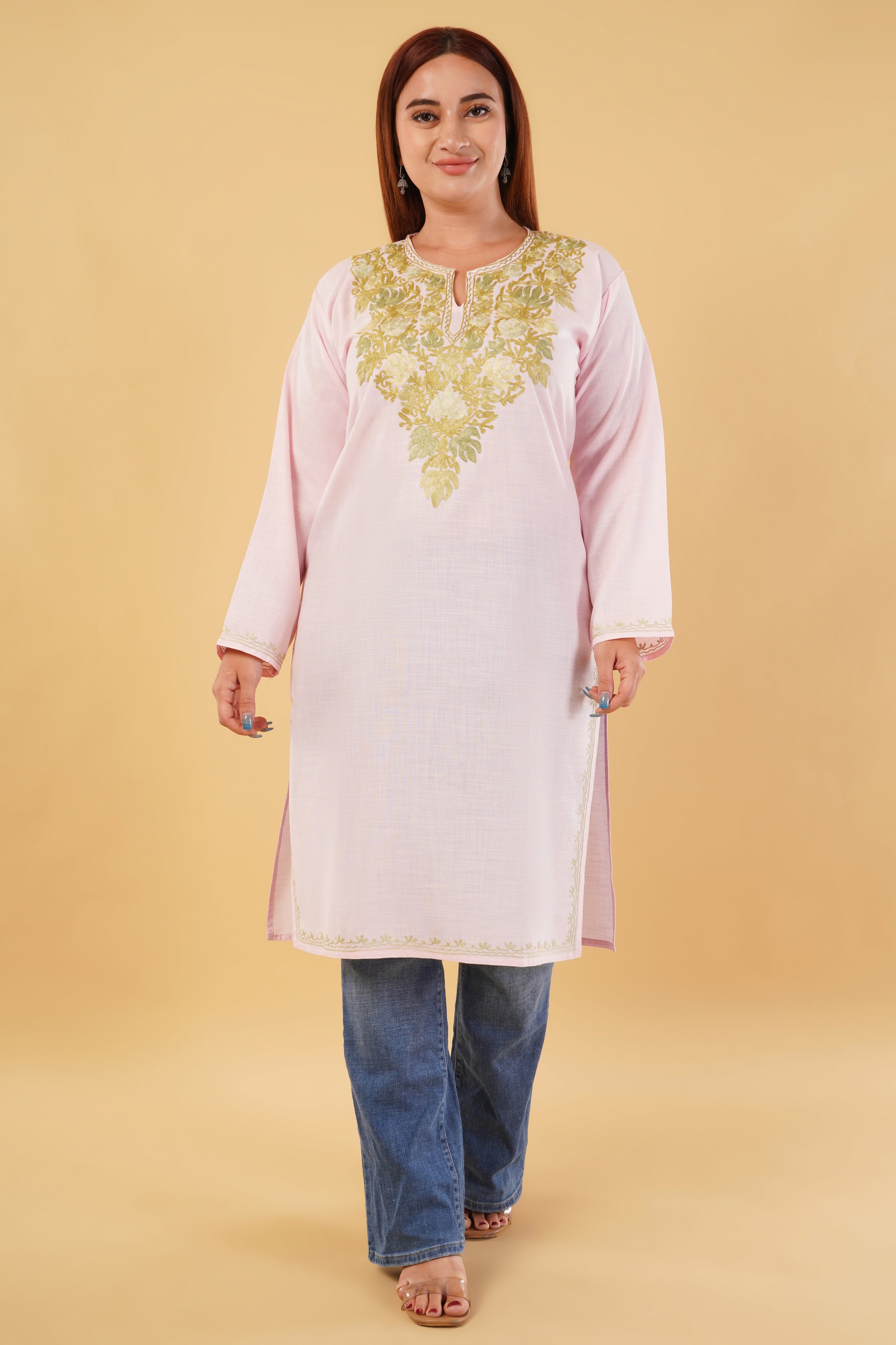 Kashmiri Aari embroidery Cotton Long Kurti Size-44(Baby Pink)