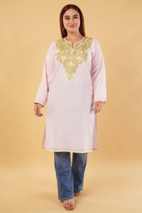 Kashmiri Aari embroidery Cotton Long Kurti Size-44(Baby Pink)