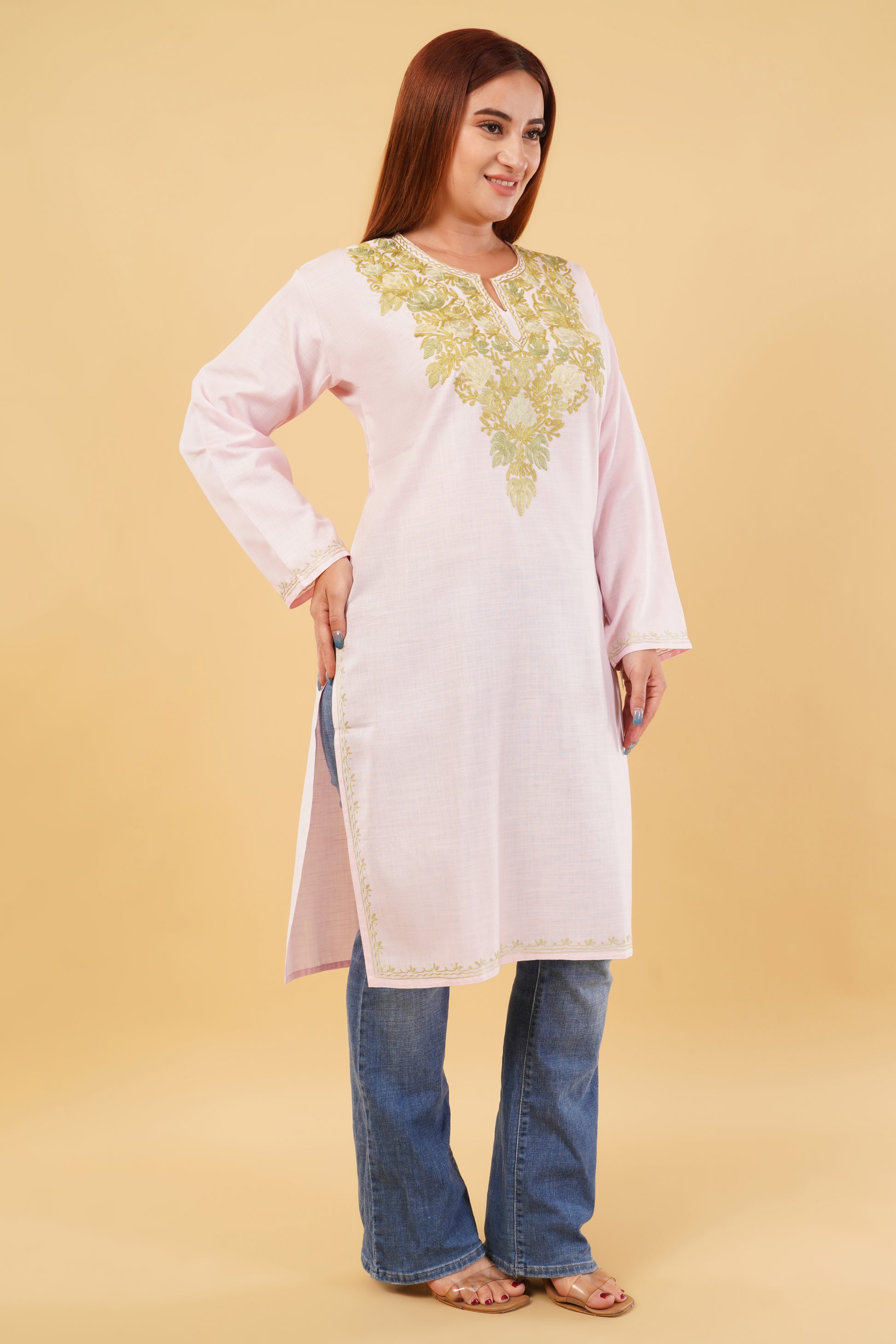 Kashmiri Aari embroidery Cotton Long Kurti Size-44(Baby Pink)
