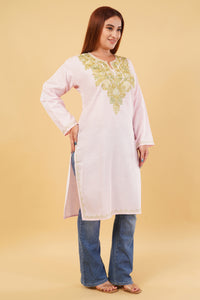 Kashmiri Aari embroidery Cotton Long Kurti Size-44(Baby Pink)