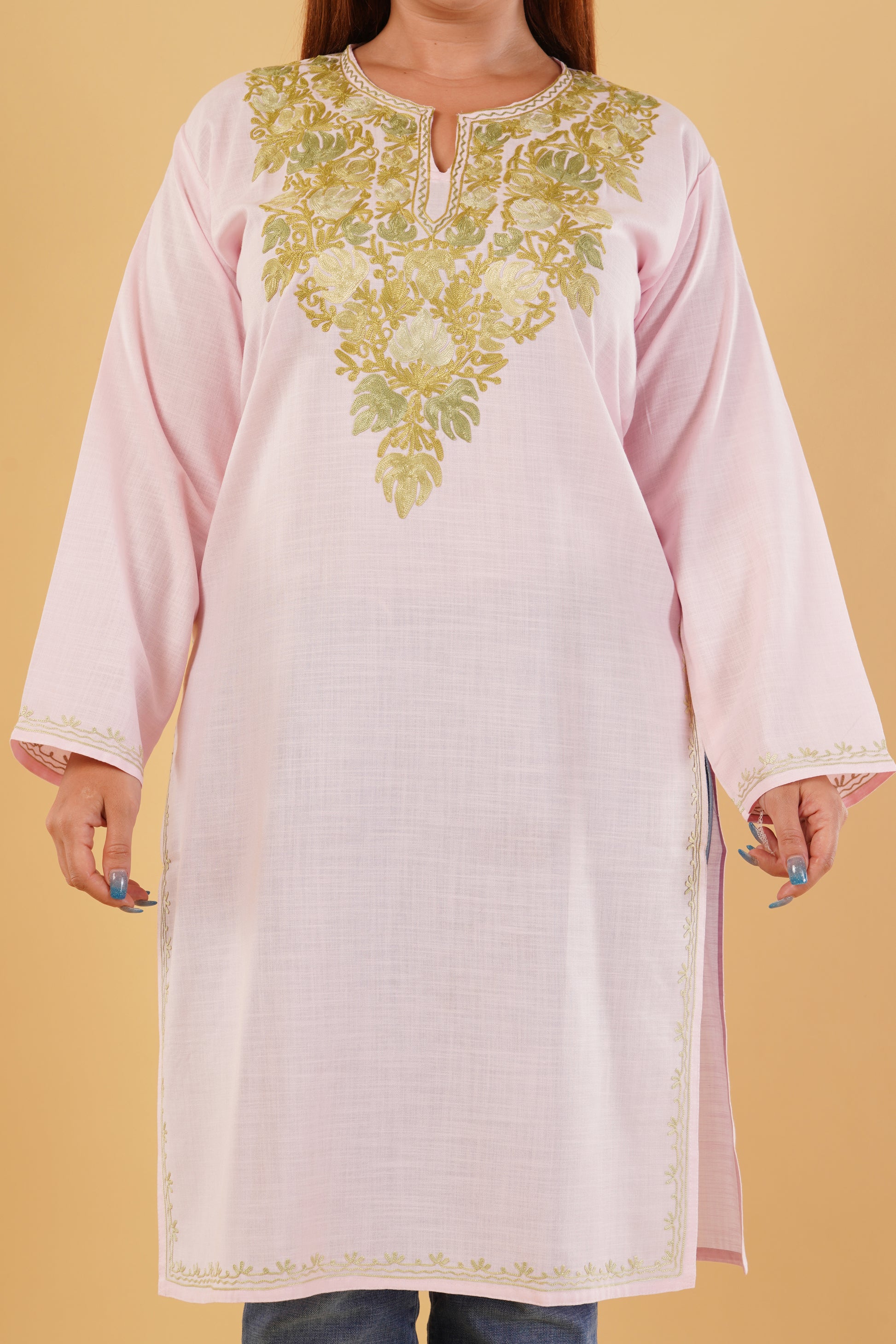 Kashmiri Aari embroidery Cotton Long Kurti Size-44(Baby Pink)