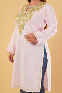 Kashmiri Aari embroidery Cotton Long Kurti Size-44(Baby Pink)