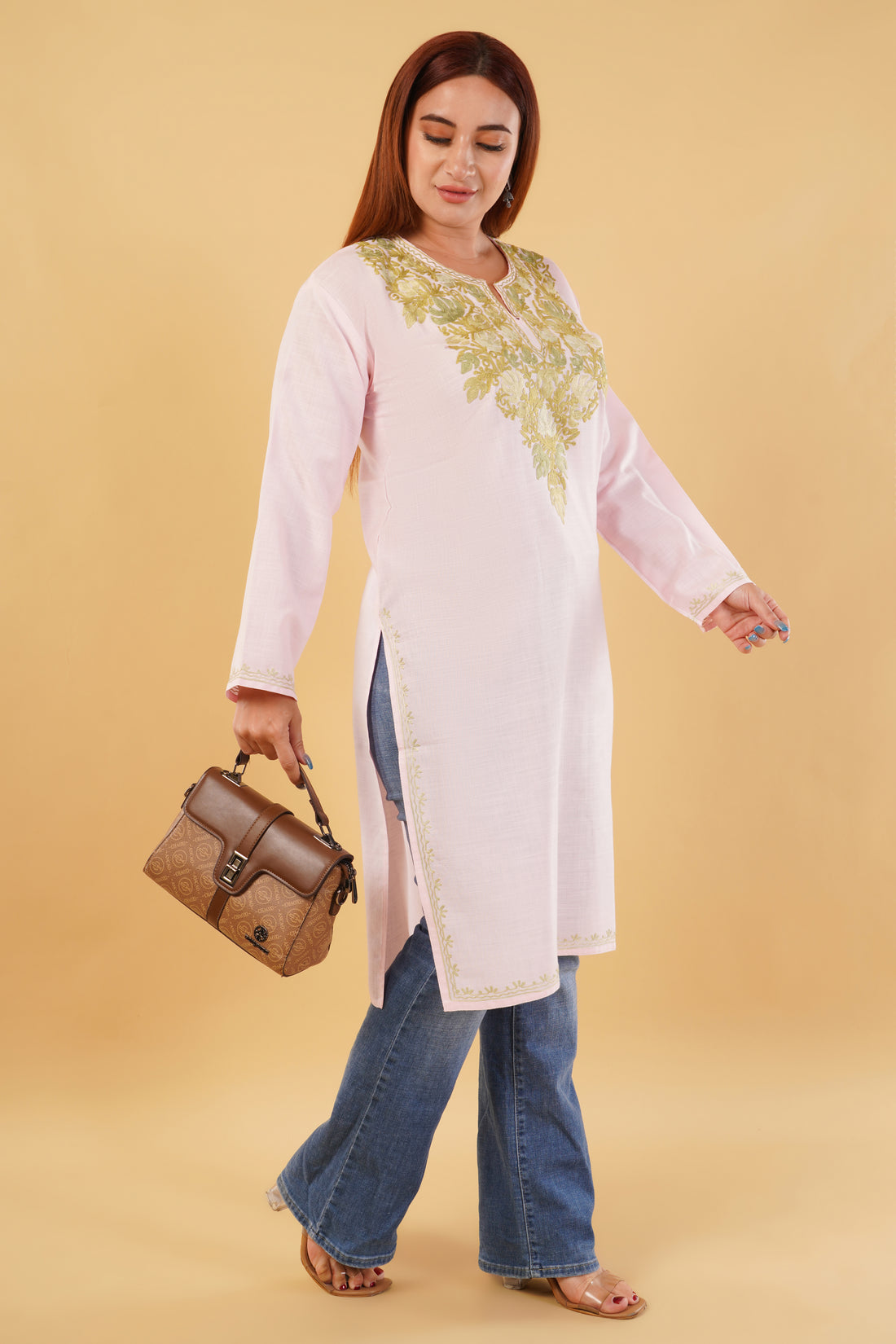 Kashmiri Aari embroidery Cotton Long Kurti Size-44(Baby Pink)