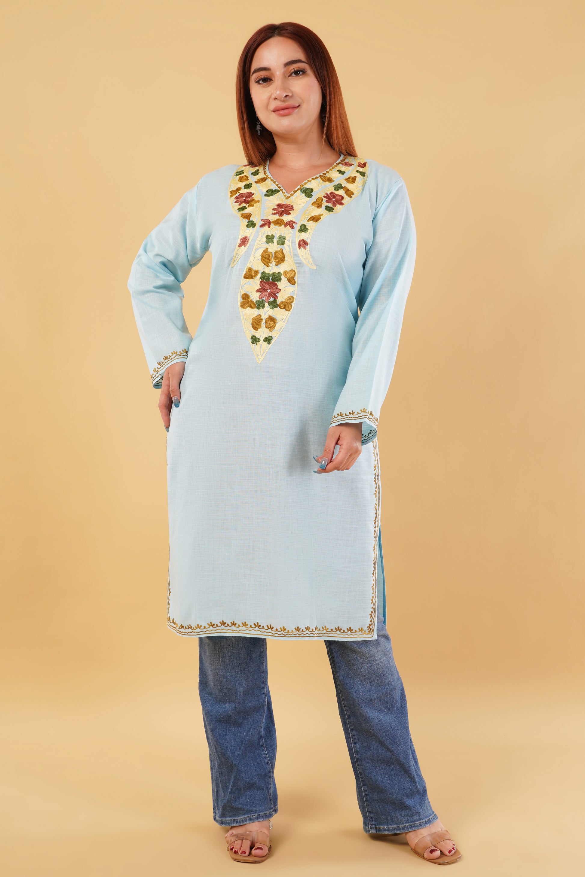 Kashmiri Aari embroidery Cotton Long Kurti Size-44(Sky Blue)