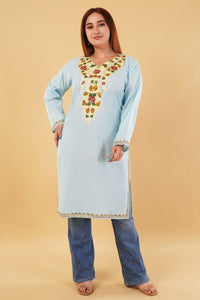Kashmiri Aari embroidery Cotton Long Kurti Size-44(Sky Blue)
