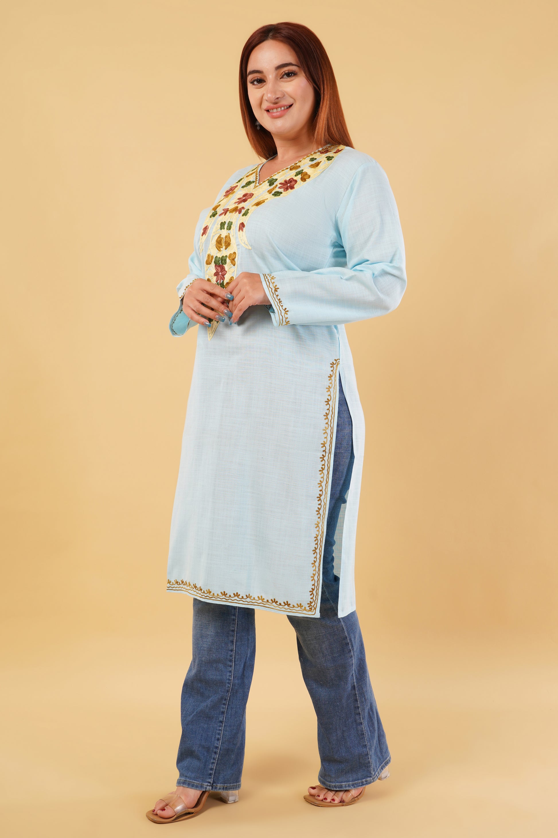 Kashmiri Aari embroidery Cotton Long Kurti Size-44(Sky Blue)