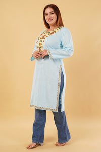 Kashmiri Aari embroidery Cotton Long Kurti Size-44(Sky Blue)