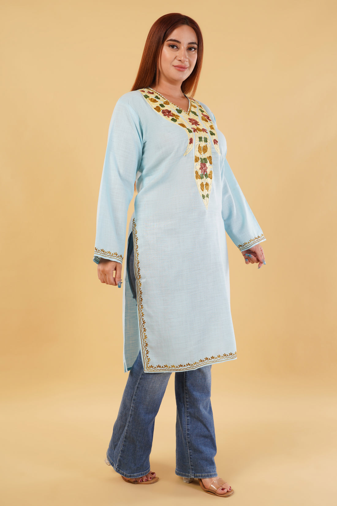 Kashmiri Aari embroidery Cotton Long Kurti Size-44(Sky Blue)
