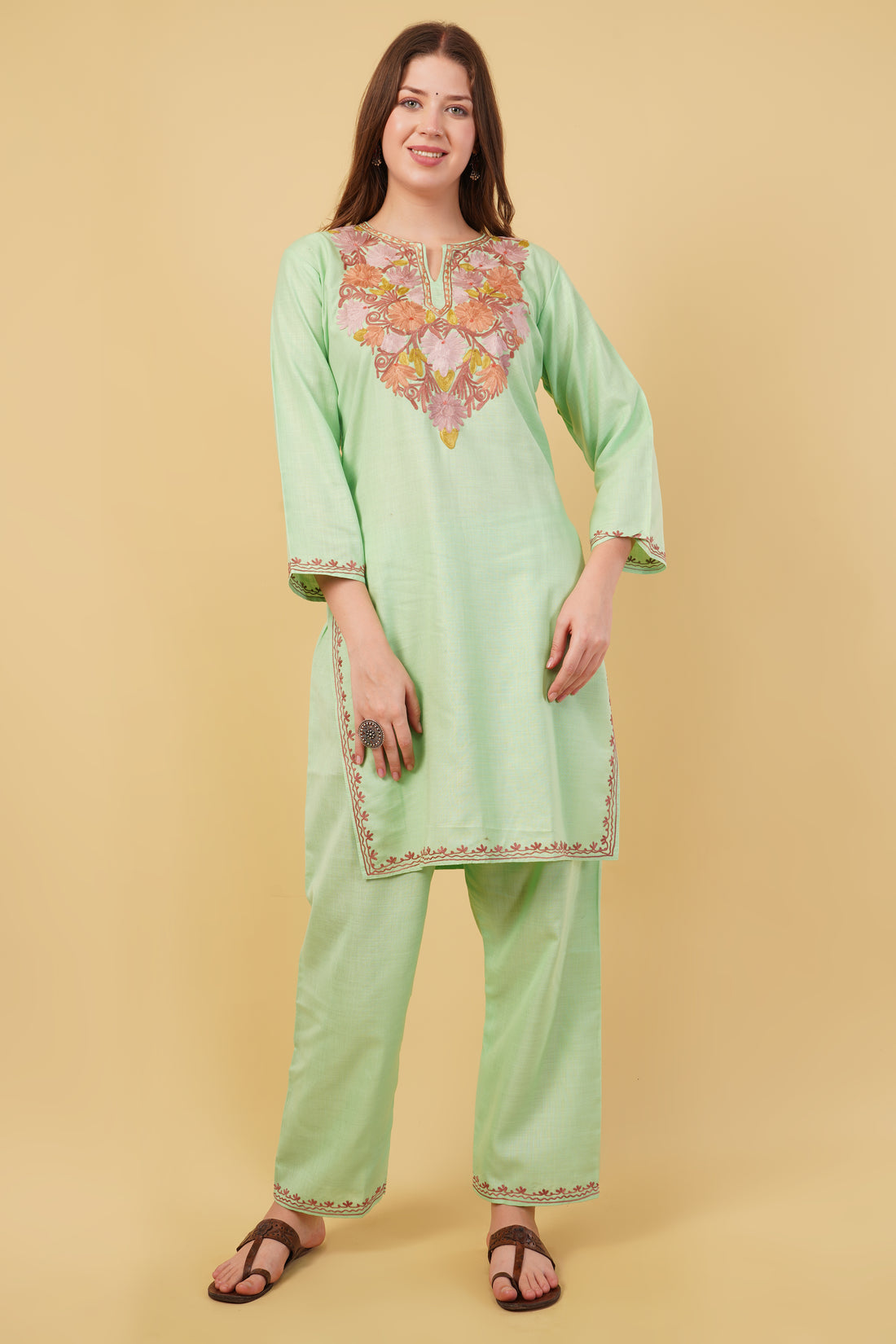 Kashmiri Aari embroidery Cotton Co-ord set Size-40(Green)