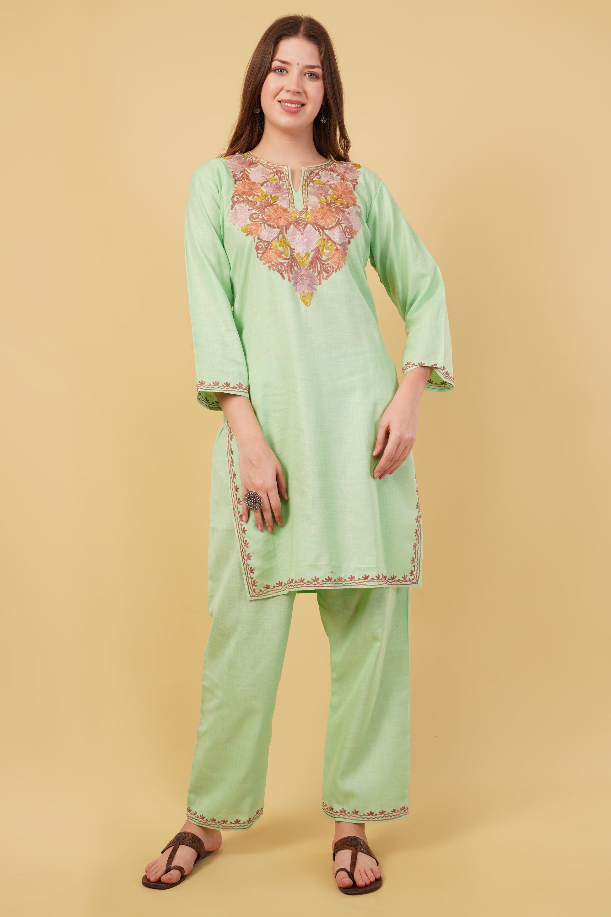 Kashmiri Aari embroidery Cotton Co-ord set Size-40(Green)