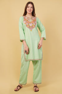 Kashmiri Aari embroidery Cotton Co-ord set Size-40(Green)