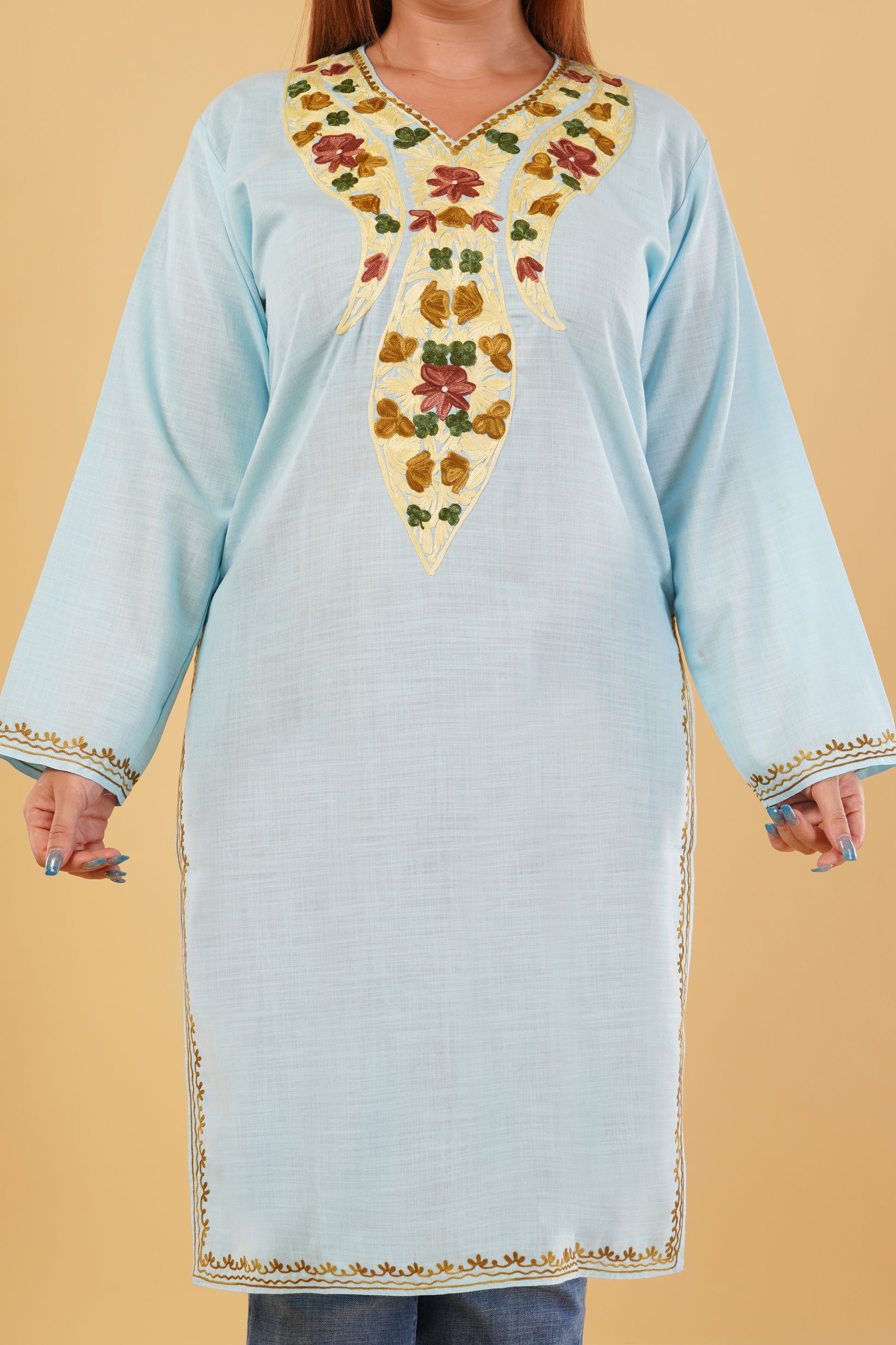 Kashmiri Aari embroidery Cotton Long Kurti Size-44(Sky Blue)