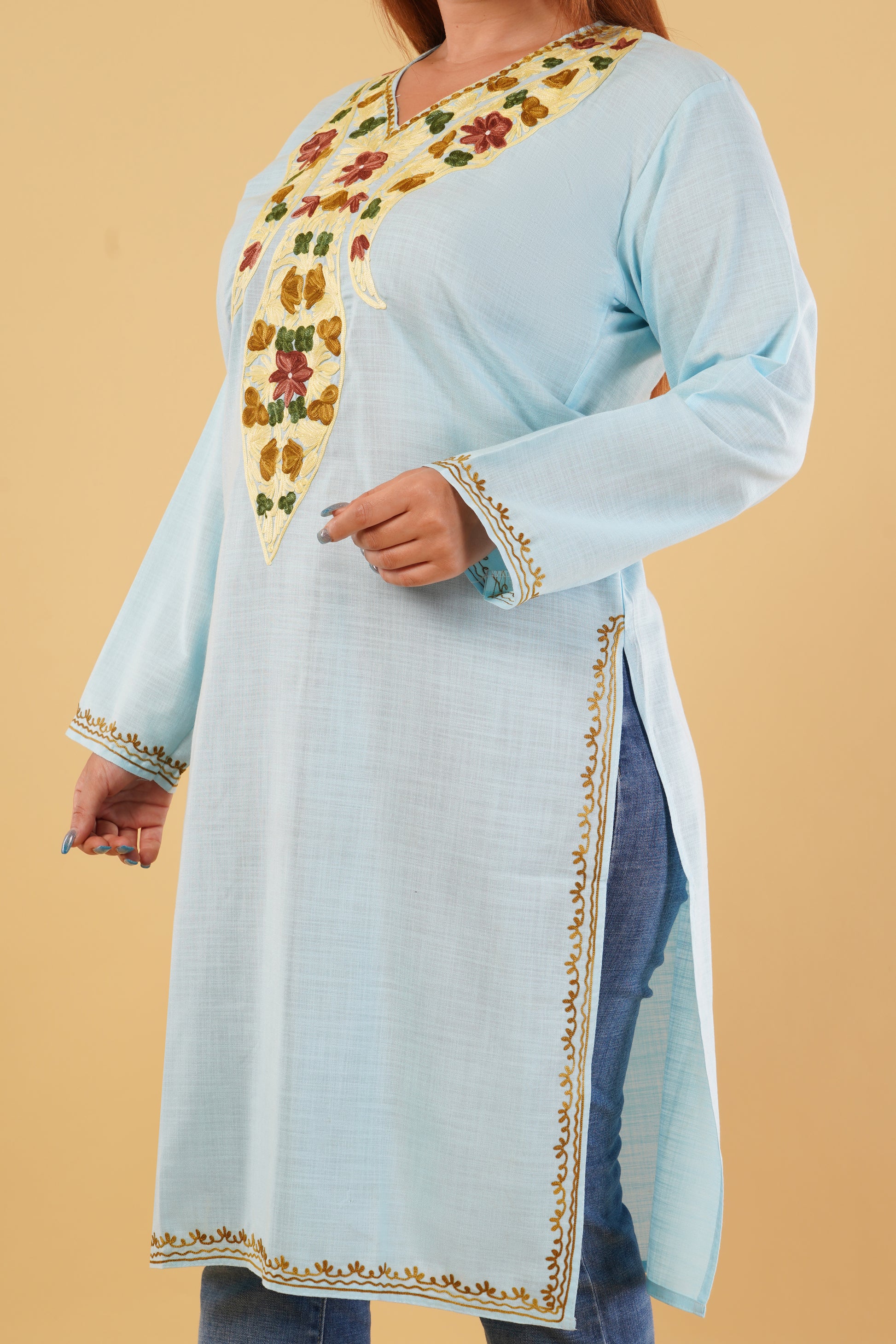 Kashmiri Aari embroidery Cotton Long Kurti Size-44(Sky Blue)