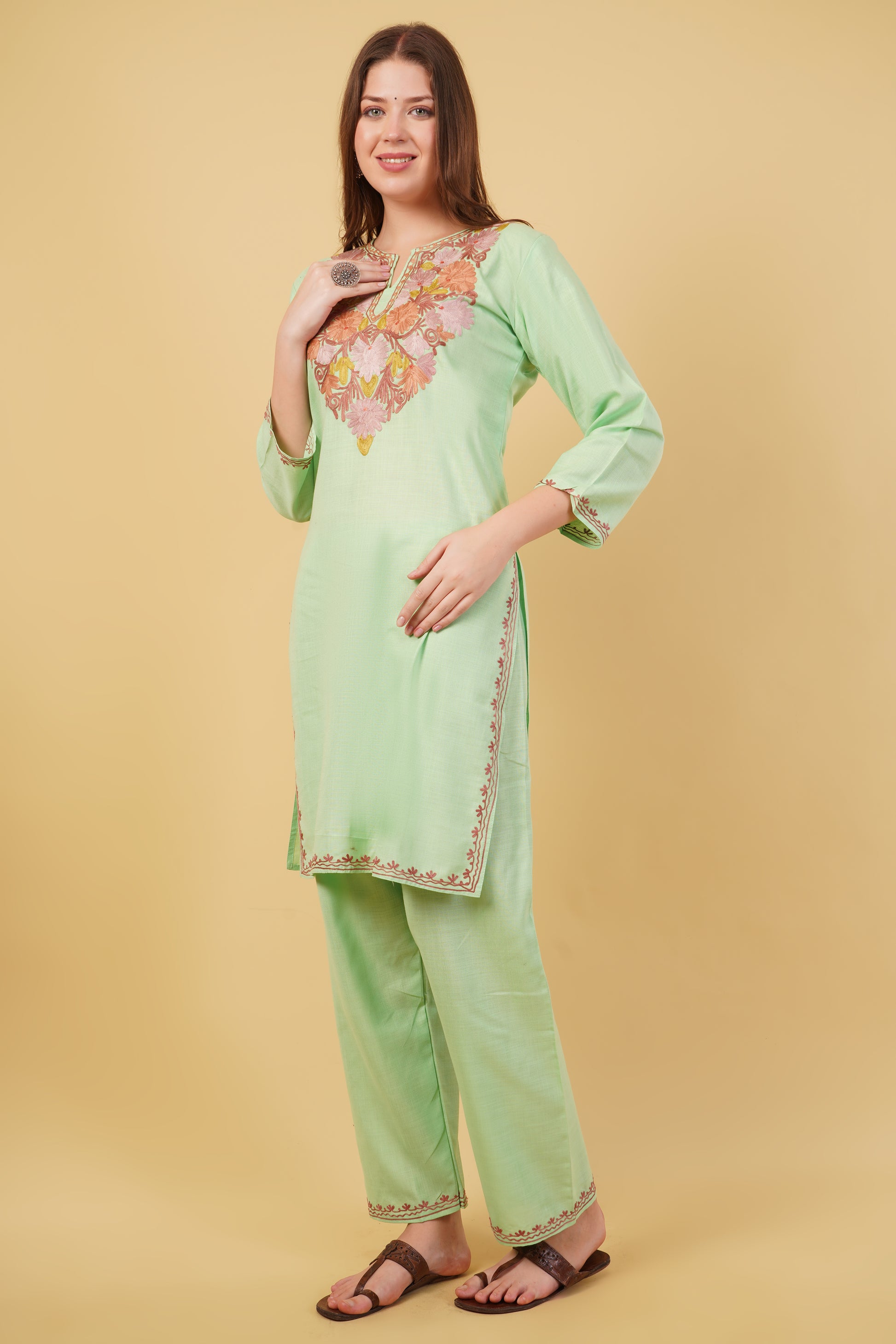 Kashmiri Aari embroidery Cotton Co-ord set Size-40(Green)