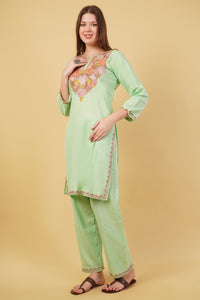 Kashmiri Aari embroidery Cotton Co-ord set Size-40(Green)