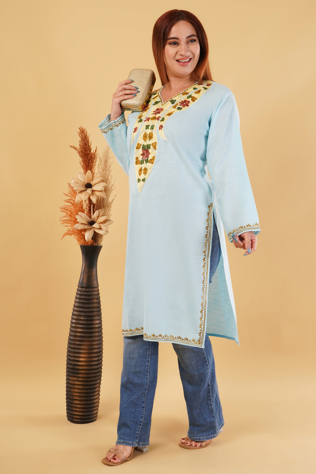 Kashmiri Aari embroidery Cotton Long Kurti Size-44(Sky Blue)