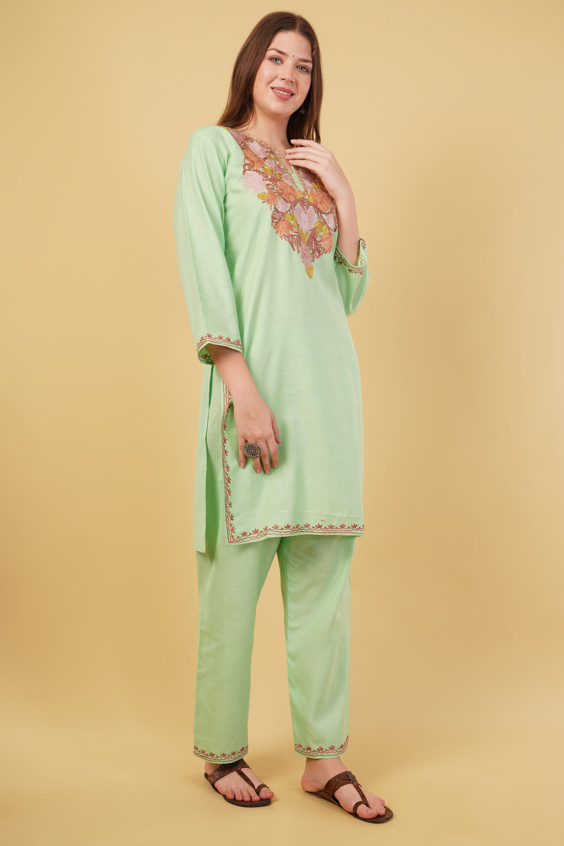 Kashmiri Aari embroidery Cotton Co-ord set Size-40(Green)