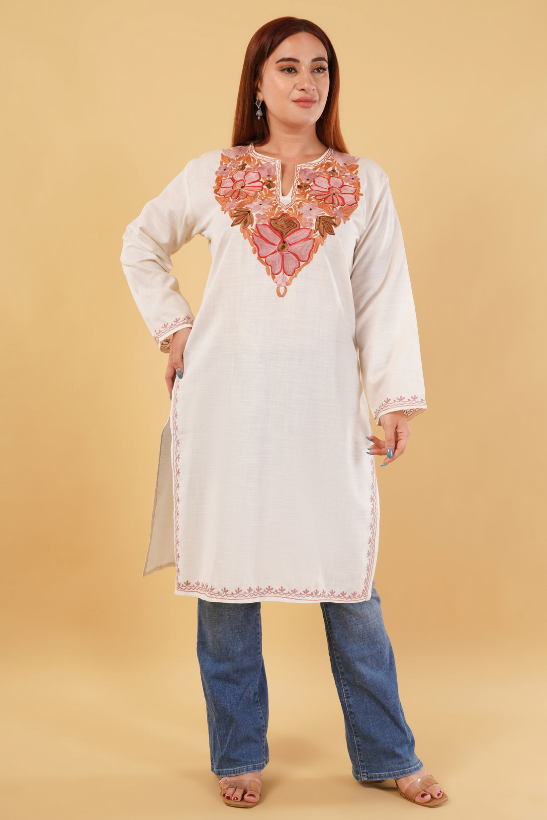 Kashmiri Aari embroidery Cotton Long Kurti Size-44(white)