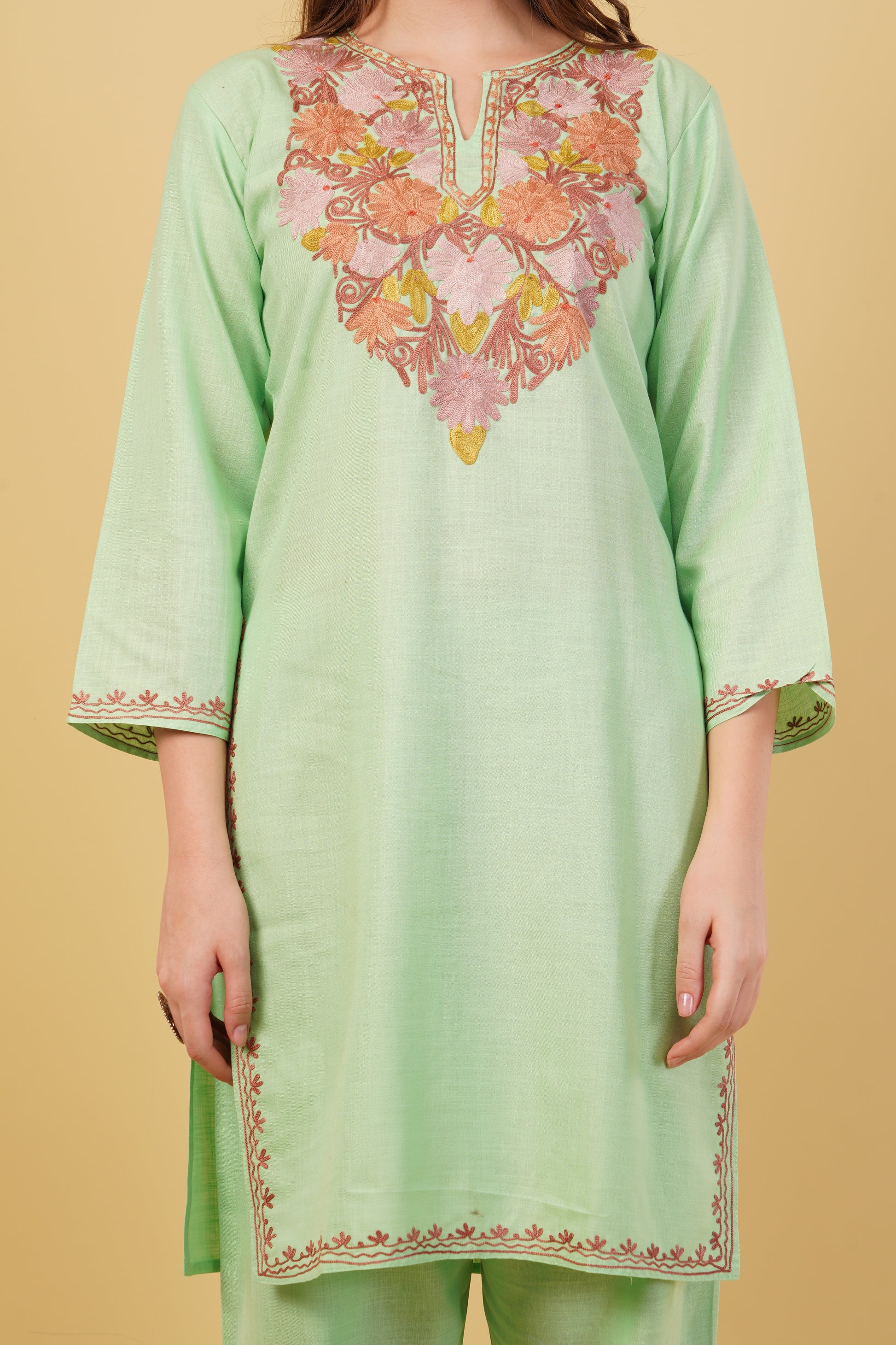 Kashmiri Aari embroidery Cotton Co-ord set Size-40(Green)
